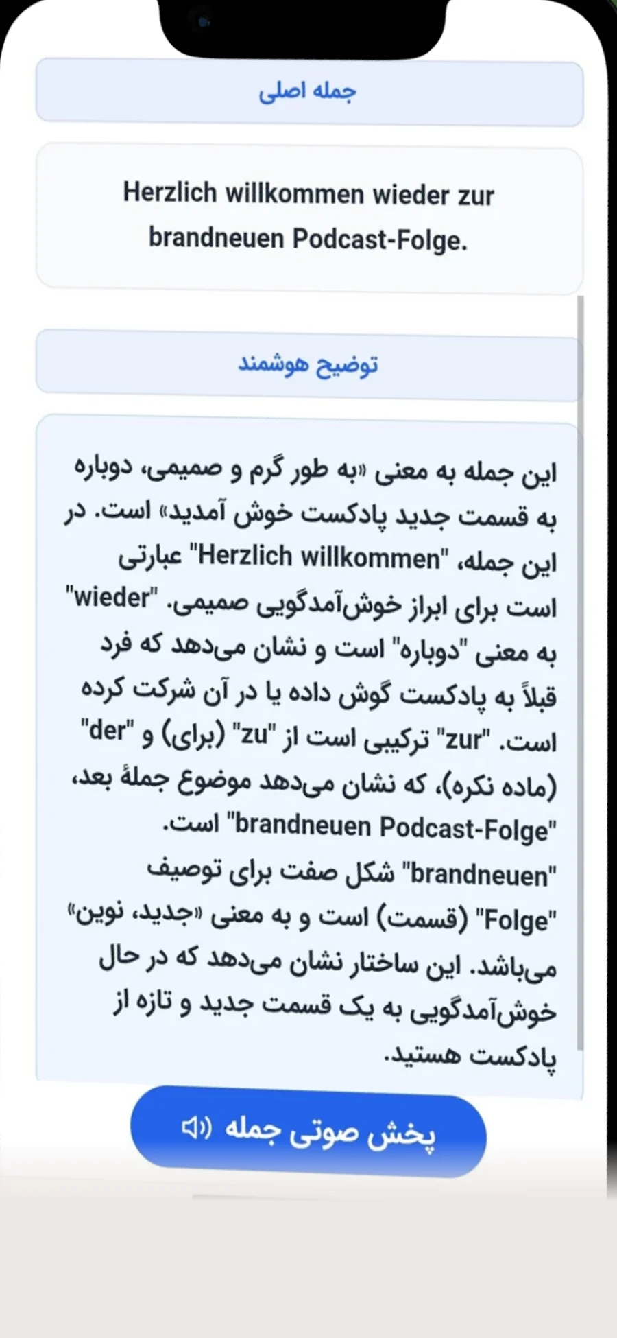 توضیح هوشمند گرامر و واژگان برای یک جمله آلمانی